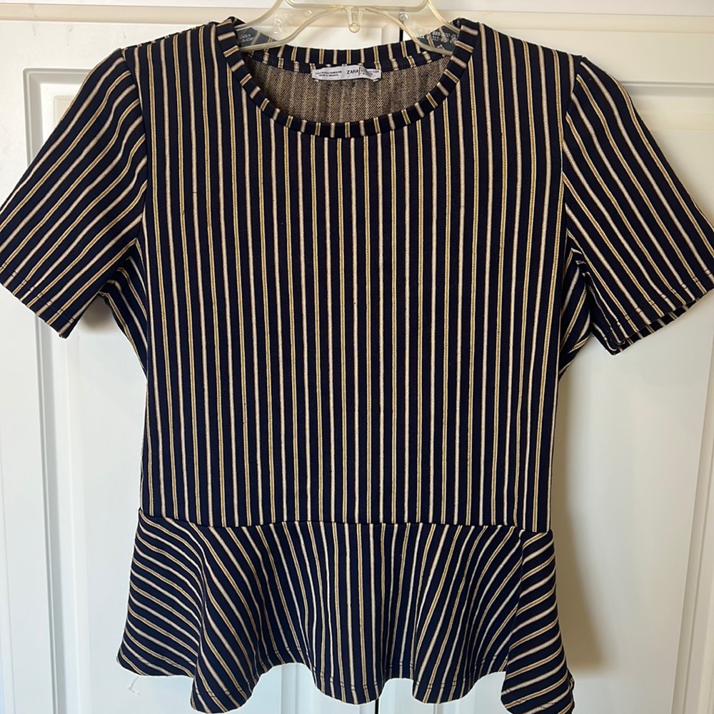 ZARA Blue Striped Peplum Top Size Small Medium
